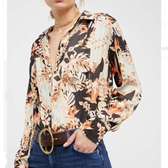 Free People Under The Palms Button Down Silky Soft Tropical Blouse Top XS - Picture 1 of 9